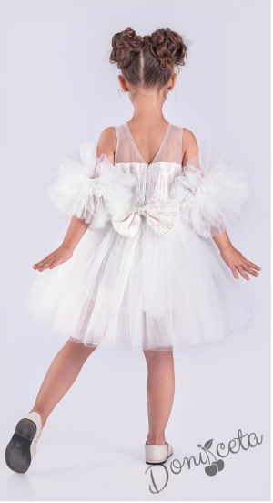 Детска официална рокля Блян с тюл в бяло, помпони и панделка за коса2