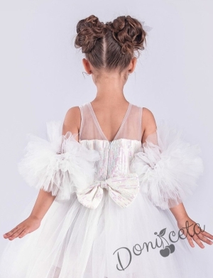 Детска официална рокля Блян с тюл в бяло, помпони и панделка за коса4