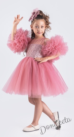 Официална детска рокля Блян с тюл с пайети и помпони в цвят корал с панделка за коса