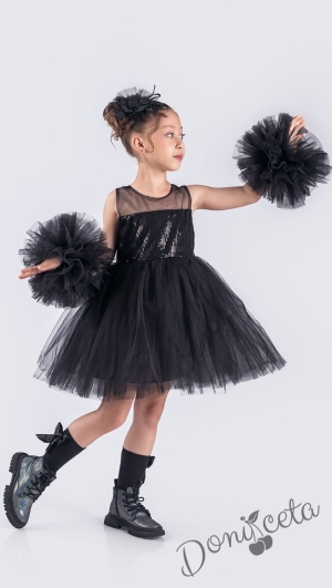 Детска официална рокля Блян с тюл, с пайети, помпони в черно и панделка за коса