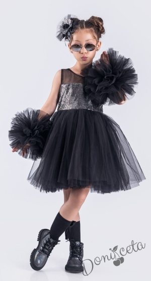 Детска официална рокля Блян с богат тюл в черно с пайети в сребристо, с помнпони и панделка за коса