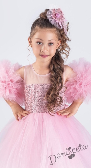 Детска официална рокля Блян с тюл в розово с пайети, помпони и панделка за коса