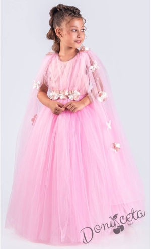 Официална дълга детска рокля в розово с тюл и с Донисия