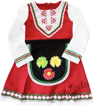 Детска народна носия 71-сукман в червено и престилка в черно на цветя с фолклорни етно мотиви 