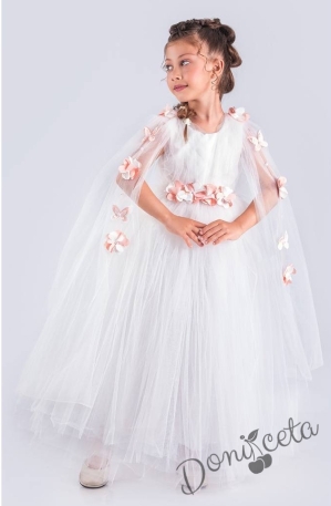 Официална дълга детска рокля в бяло с цветя в прасковено с тюл Донисия