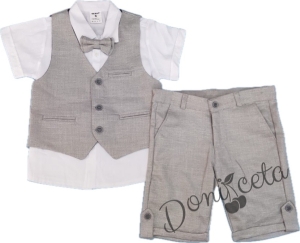 Летен комплект за момче в сиво от панталон, ризка в бяло с къс ръкав, елек и папийонка 64523471