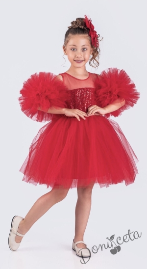 Детска официална рокля Блян с богат тюл в червено с пайети и панделка за коса