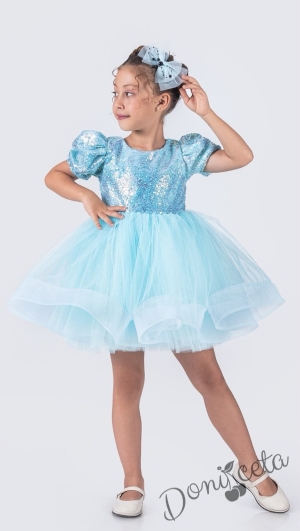 Официална детска къса рокля с къс ръкав в светлосиньо с пайети Людмила