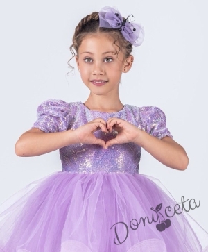 Официална детска къса рокля с къс ръкав в лилаво с пайети Людмила