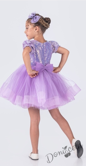 Официална детска къса рокля с къс ръкав в лилаво с пайети Людмила
