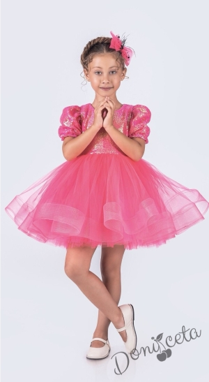 Официална детска къса рокля с къс ръкав в циклама с пайети Людмила
