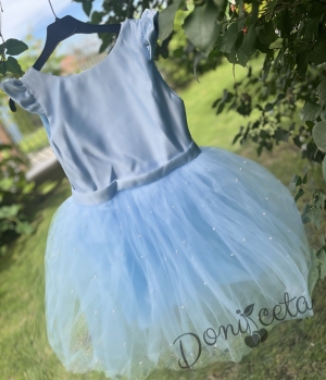 Официална детска къса рокля с тюл и перли в светлосиньо Розмари