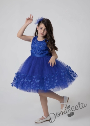 Детска официална рокля без ръкав с богат тюл и пеперуди в синьо Алекс