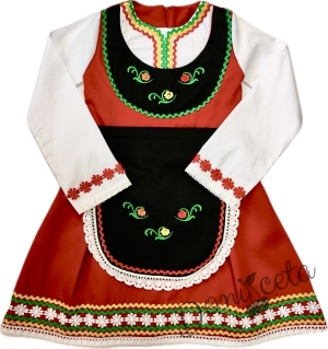 Детска народна носия 75-сукман в червено и престилка в черно на цветя с фолклорни етно мотиви 