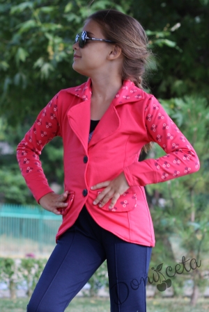 Ватиран комплект за момиче от сако в цвят малина на цветенца и клин
