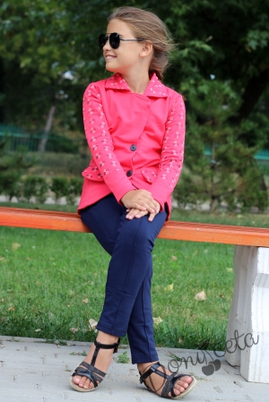 Ватиран комплект за момиче от сако в цвят малина на цветенца и клин