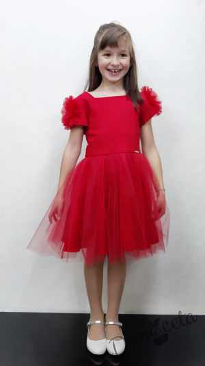 Official children's dress with long sleeves in red with lace and tulle