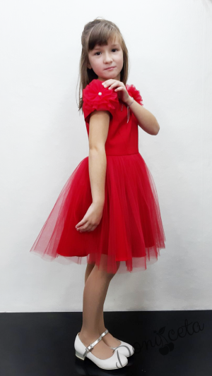 Official children's dress with long sleeves in red with lace and tulle