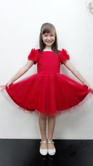 Official children's dress with long sleeves in red with lace and tulle