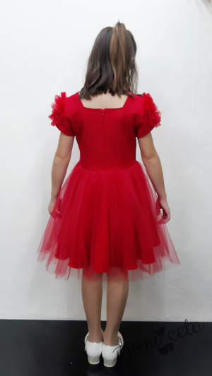 Official children's dress with long sleeves in red with lace and tulle