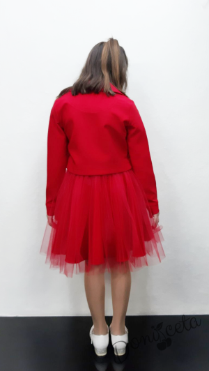 Official children's dress with long sleeves in red with lace and tulle