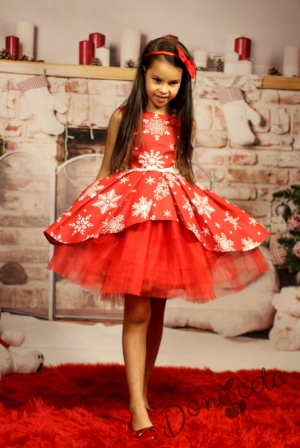 Official children's dress with long sleeves in red with lace and tulle