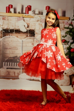 Official children's dress with long sleeves in red with lace and tulle