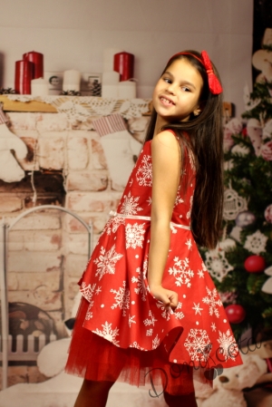 Official children's dress with long sleeves in red with lace and tulle