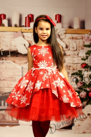 Official children's dress with long sleeves in red with lace and tulle