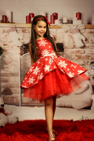 Official children's dress with long sleeves in red with lace and tulle