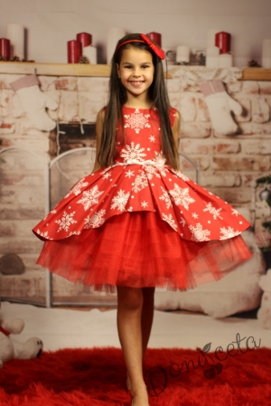 Official children's dress with long sleeves in red with lace and tulle