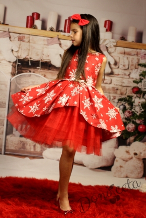 Official children's dress with long sleeves in red with lace and tulle