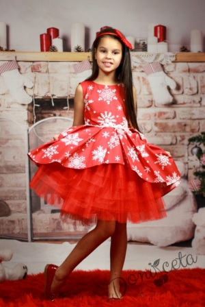 Official children's dress with long sleeves in red with lace and tulle