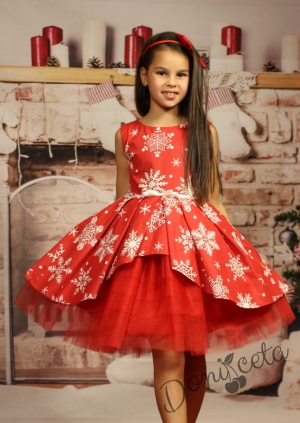 Official children's dress with long sleeves in red with lace and tulle