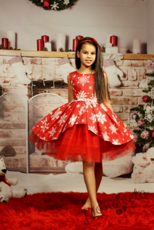 Official children's dress with long sleeves in red with lace and tulle