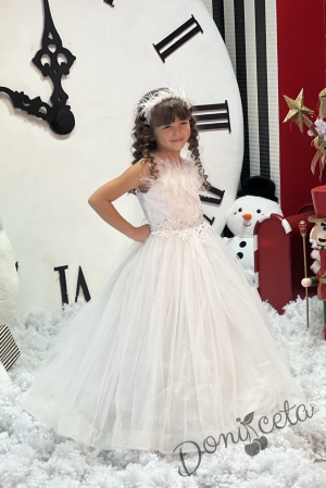 Formal children's long dress in white sleeveless with a tiara and a hoop underneath the skirt Sherry