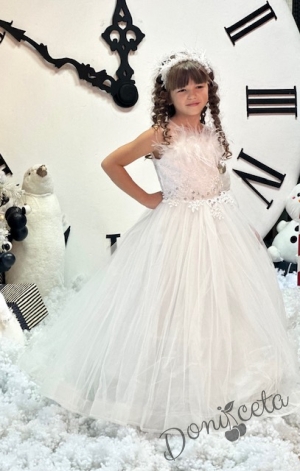 Formal children's long dress in white sleeveless with a tiara and a hoop underneath the skirt Sherry