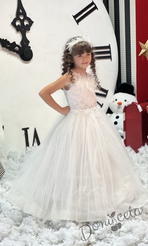 Formal children's long dress in white sleeveless with a tiara and a hoop underneath the skirt Sherry