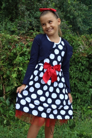 Детска рокля на точки с болеро в тъмносиньо