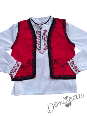 Народна носия за момче 50 с бродерия на риза, елек и потури, кариран колан и гети 2