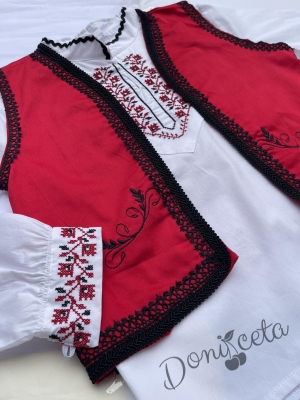 Народна носия за момче 50 с бродерия на риза, елек и потури, кариран колан и гети 3
