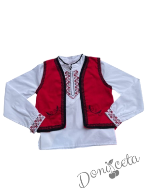 Народна носия за момче 53 с бродерия на риза, елек и потури, червен колан и гети