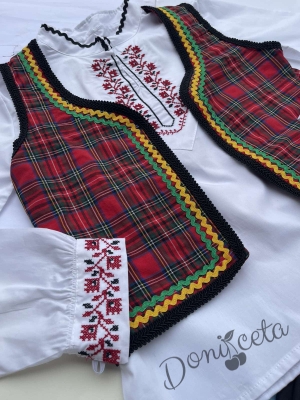 Народна носия за момче 54 с бродерия на риза, елек и потури в кафяво, червен колан и гети 3