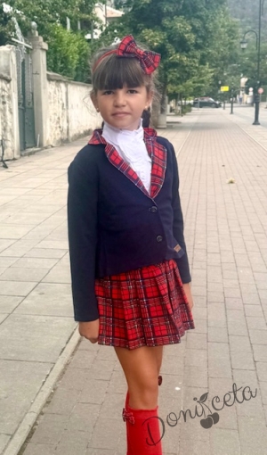 Комплект от плисирана пола каре и сако в тъмносиньо с каре в червено