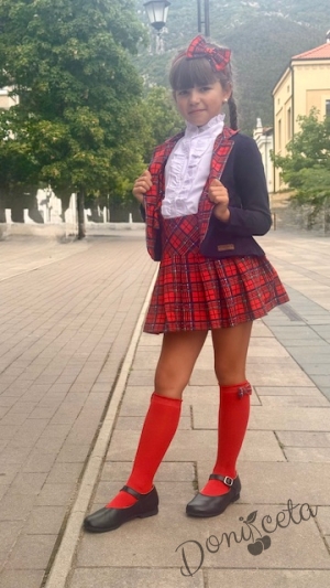 Детски комплект от 4 части за момиче от карирана пола, сако в тъмносиньо с каре, риза в бяло с къс ръкав с висока яка и диадема