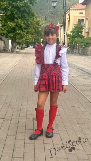 Комплект от 2 части-детски сукман Гери в червено каре с плисирана пола и ризка с дълъгръкав