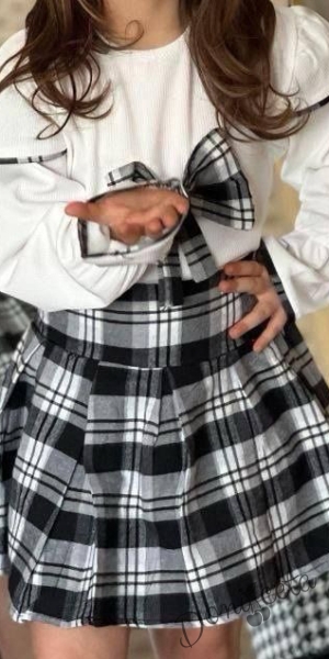 Детски комплект за момиче от 3 части - карирана пола в бяло и черно и блуза с дълъг ефектен ръкав и панделка и шапка 2