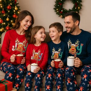 Коледна детска пижама в тъмносиньо с еленчета и надпис Joy