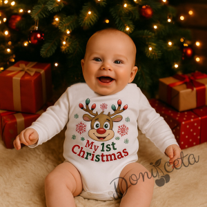 Коледно боди с дълъг ръкав в бяло с коледни лампички и елен My First Christmas