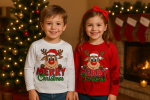 Детска коледна неватирана блуза в червено с елен и  надпис Merry Chrismas